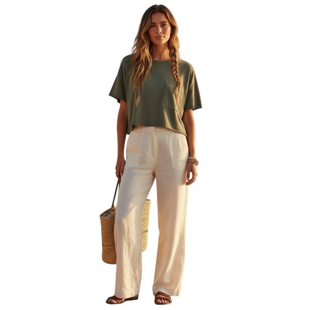 Athleta Organic Cotton Cropped Short Sleeve Pocket Tee in Olive Green Size XL